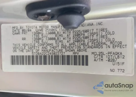 2004 Toyota Sienna Xle Limited из США, поврежденный, VIN 5TDBA22C24S023727